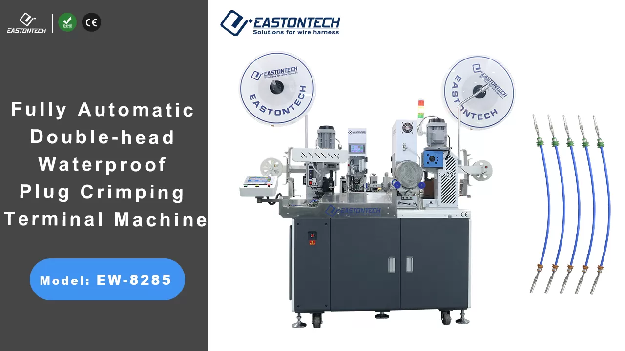 ew 8285 automatic double end terminal crimping waterproof plug inserting machine video